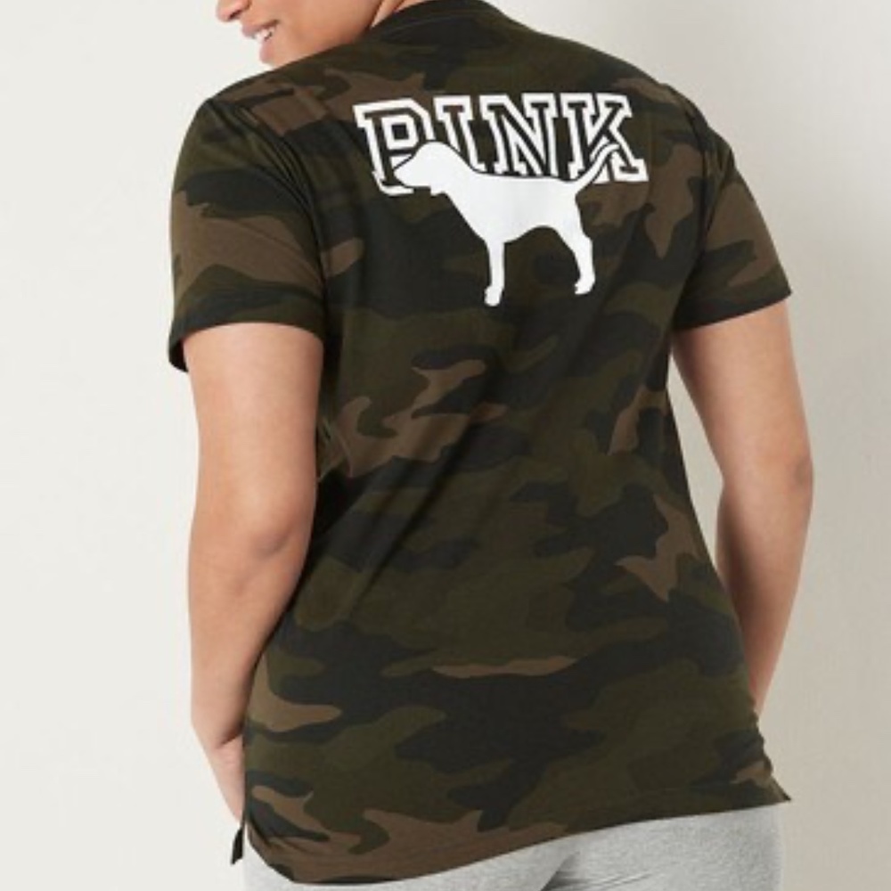 Victoria's Secret PINK Campus Short Sleeve Tee Carbide Camo Large NEW